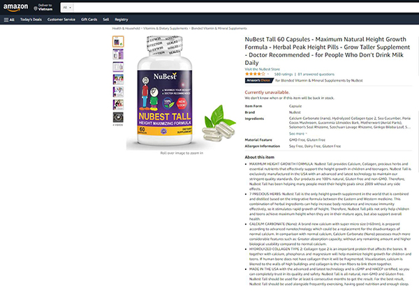 TPBVSK NuBest Tall được phân phối trên trang thương mại điện tử Amazon Mỹ